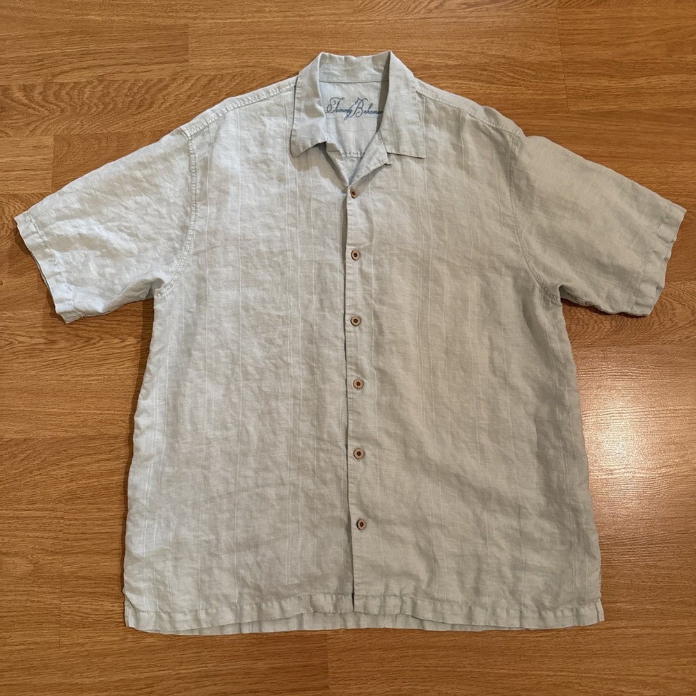 Tommy Bahama Hawaiian‎ Aloha Shirt Men's XL Light Blue 100% Linen Beach Preppy